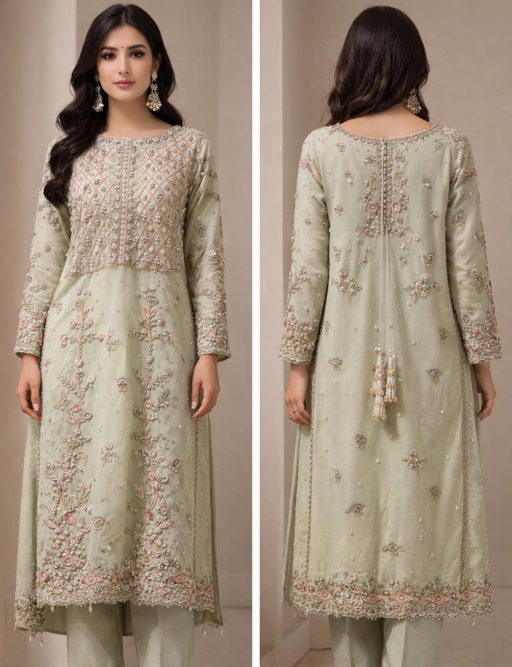 Pastel Green Hardworked Kurta ( Heavy Formal Dress )